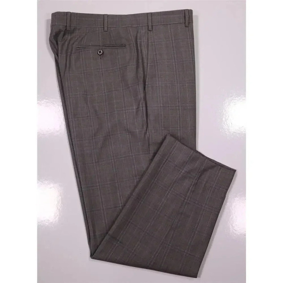 Zanella Current Devon Brown w/ Blue Windowpane Flat Front Wool Pants 36x29 - Picture 1 of 8